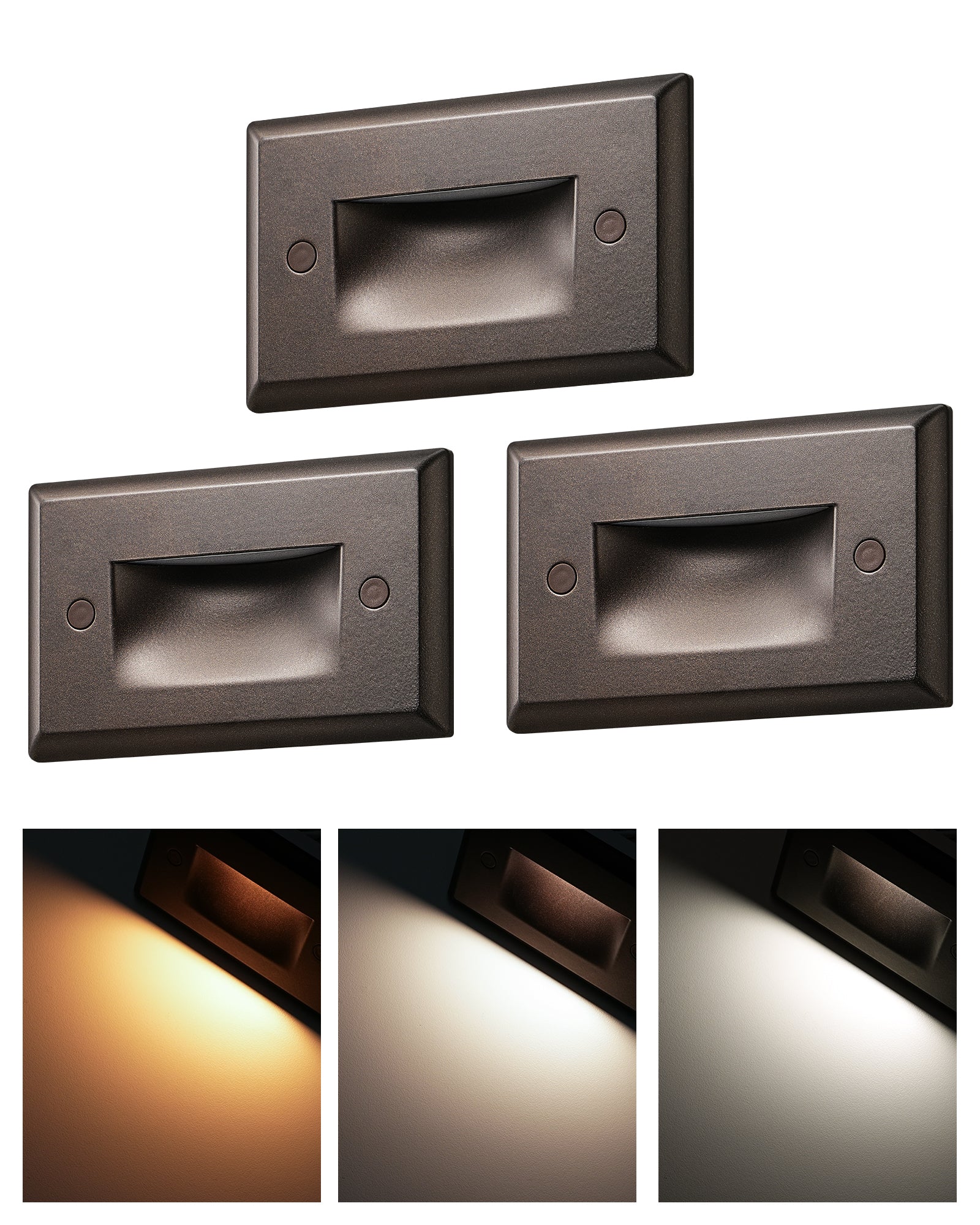 EDISHINE 3 Pack 120V Dimmable LED Step Lights, IP65 Waterproof, 2700K/3500K/5000K, 2.5W 150LM, CRI90, Aluminum, Beam Angle 30°, Brown-HGSL12B