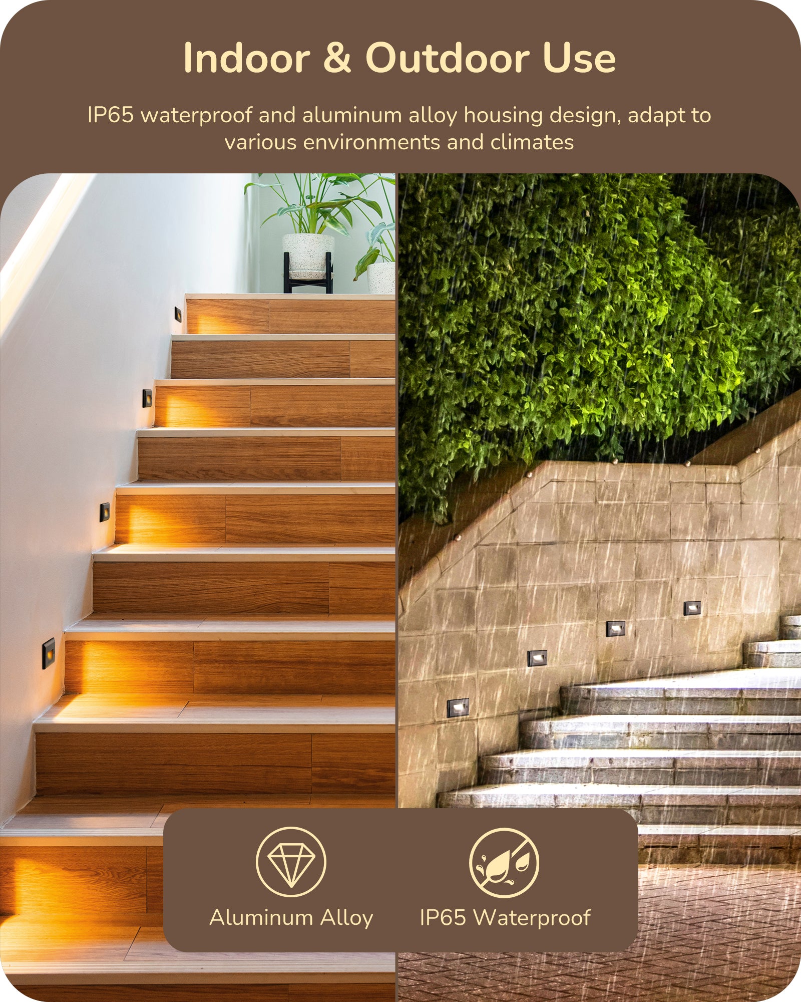 EDISHINE 6 Pack 120V Dimmable LED Step Lights, IP65 Waterproof, 2700K/3500K/5000K, 2.5W 150LM, CRI90, Aluminum, Beam Angle 30°, Brown-HGSL12D