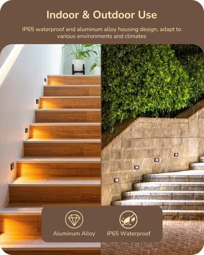 EDISHINE 6 Pack 120V Dimmable LED Step Lights, IP65 Waterproof, 2700K/3500K/5000K, 2.5W 150LM, CRI90, Aluminum, Beam Angle 30°, Brown-HGSL12D