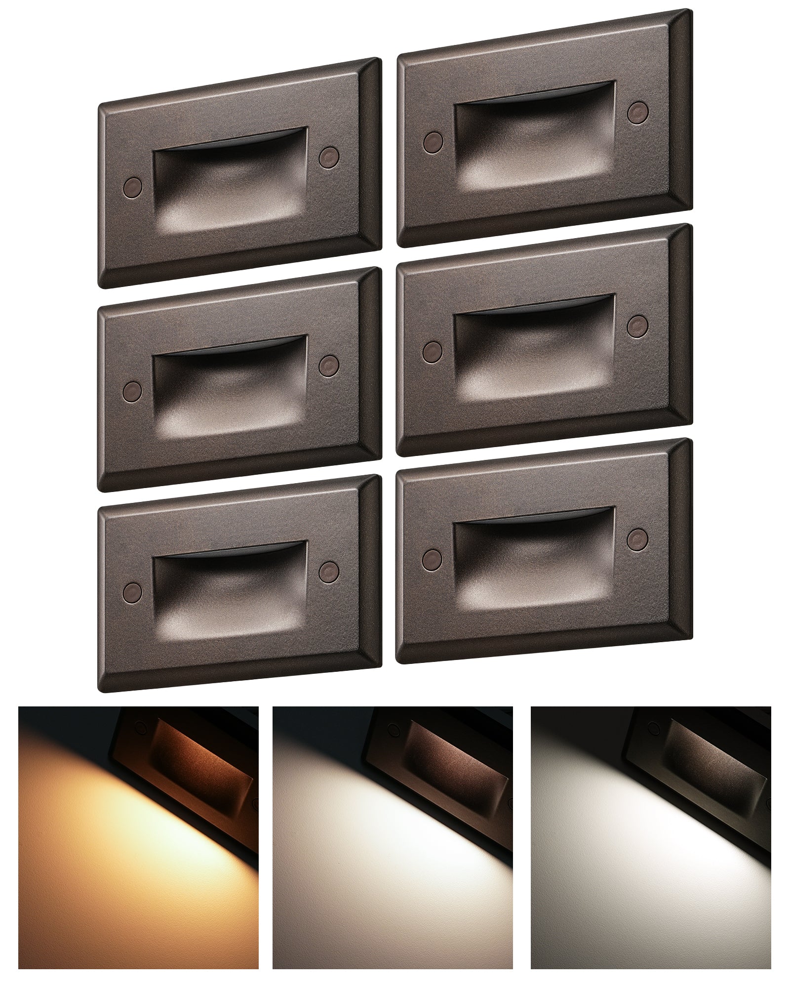 EDISHINE 6 Pack 120V Dimmable LED Step Lights, IP65 Waterproof, 2700K/3500K/5000K, 2.5W 150LM, CRI90, Aluminum, Beam Angle 30°, Brown-HGSL12D
