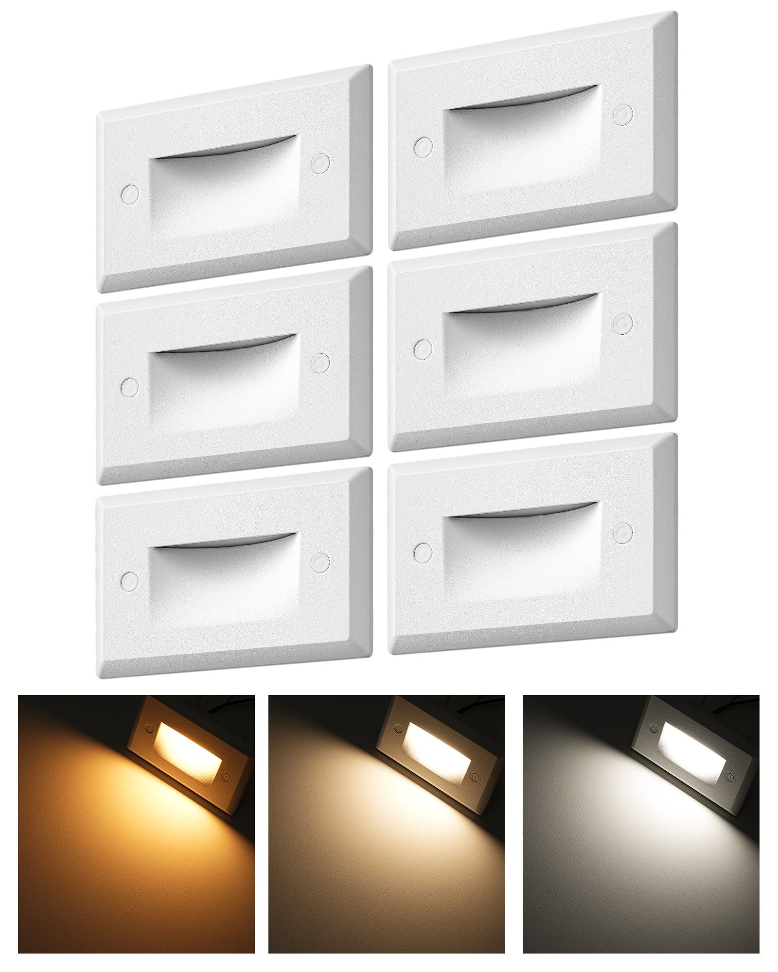 EDISHINE 6 Pack 120V Dimmable LED Step Lights, IP65, 2700K/3500K/5000K, 2.5W 150LM, CRI90, Aluminum, Beam Angle 30°, White-HGSL12C