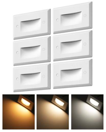 EDISHINE 6 Pack 120V Dimmable LED Step Lights, IP65, 2700K/3500K/5000K, 2.5W 150LM, CRI90, Aluminum, Beam Angle 30°, White-HGSL12C