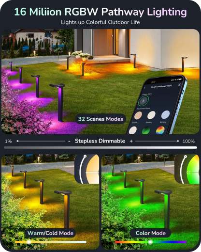 EDISHINE 48FT Smart Christmas Pathway Lights, RGBW 350LM 24V 36W Low Voltage LED Landscape Lighting, 4PCS-HGSL31A
