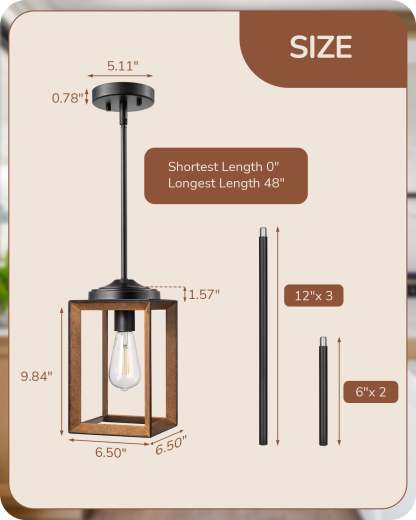 EDISHINE 63 Inch Adjustable Farmhouse Pendant Light (1 Pack) -HHPL05H