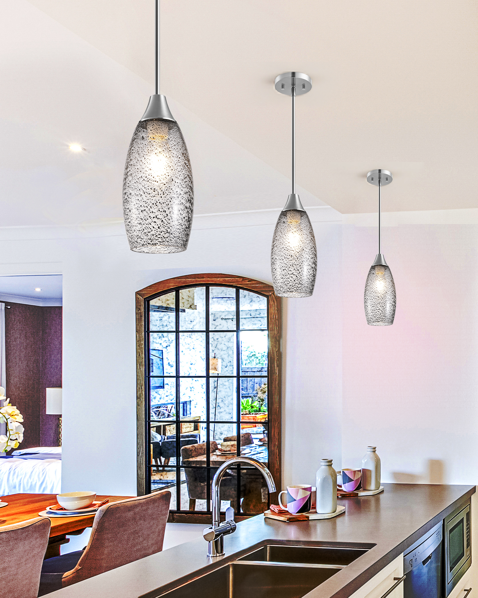 EDISHINE 3 Pack Handcrafted Art Glass Pendant Light Fixture-ZHHPL08D3