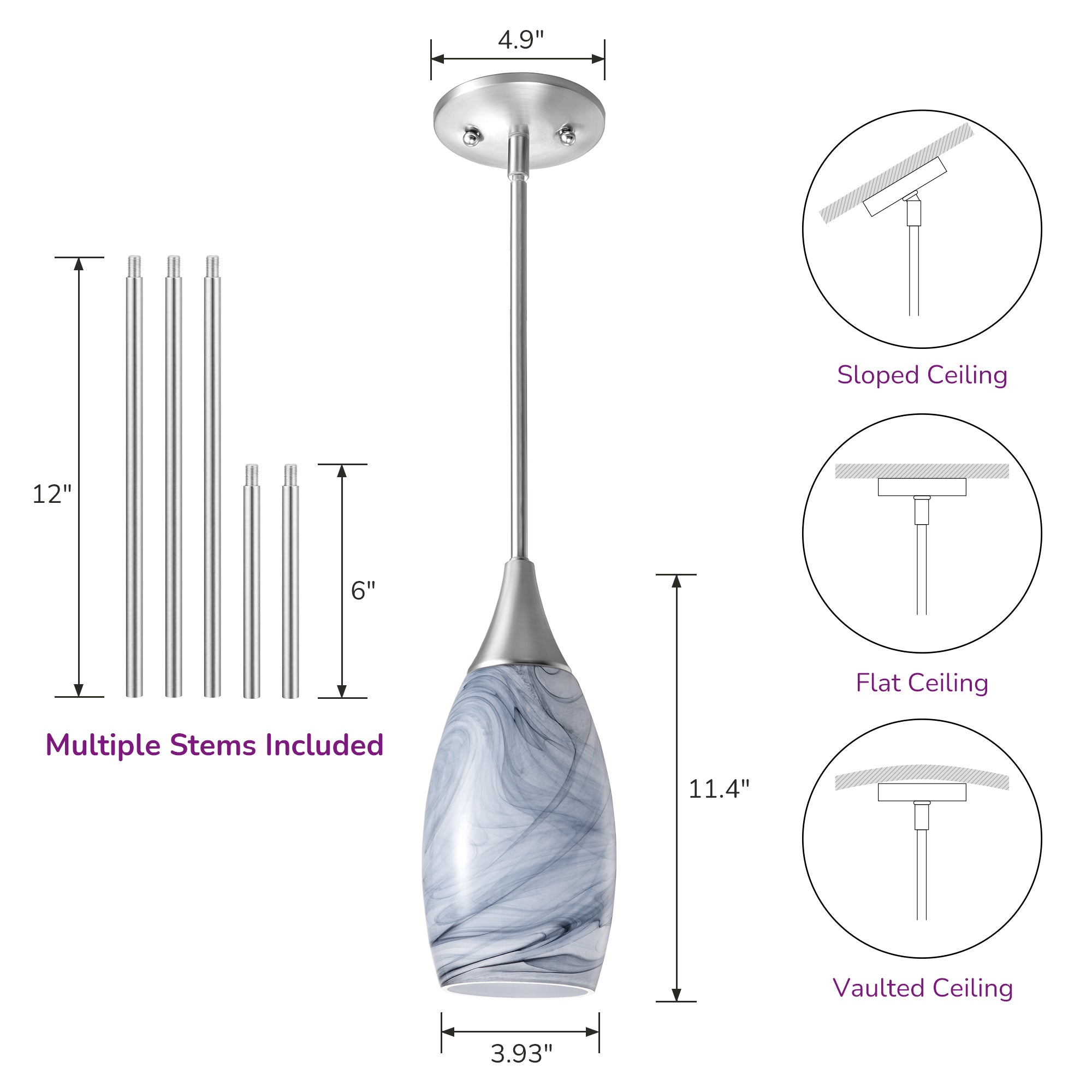 EDISHINE 1-Light Brushed Nickel Pendant-HHPL08F