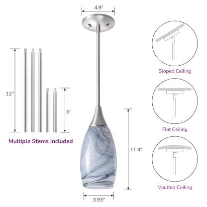 EDISHINE 1-Light Brushed Nickel Pendant-HHPL08F