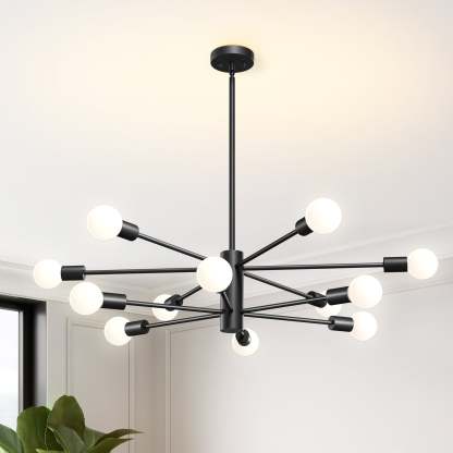 EDISHINE 12-Light Dimmable Sputnik Modern Linear Chandelier,Matte Black-HHPL17A