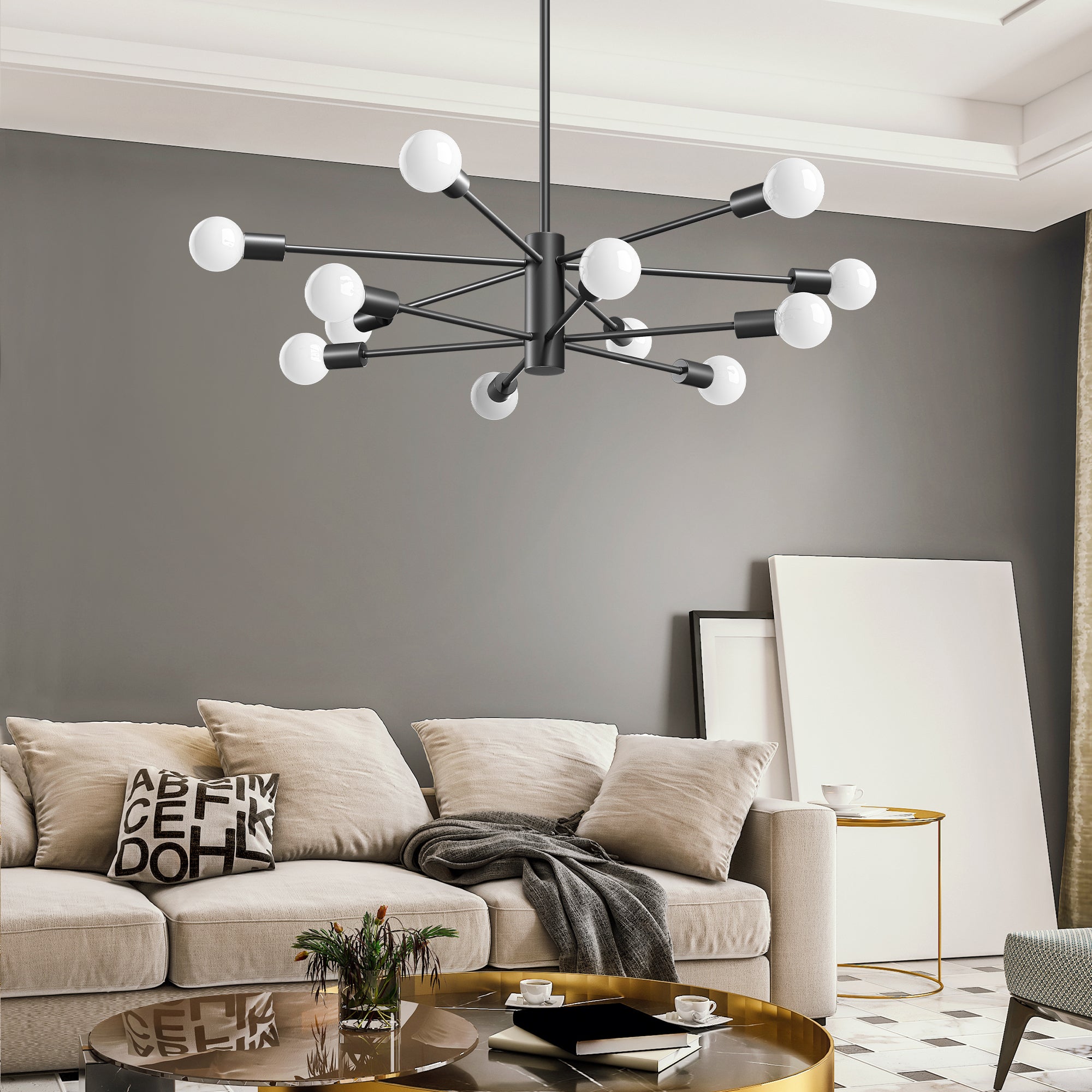 EDISHINE 12-Light Dimmable Sputnik Modern Linear Chandelier,Matte Black-HHPL17A