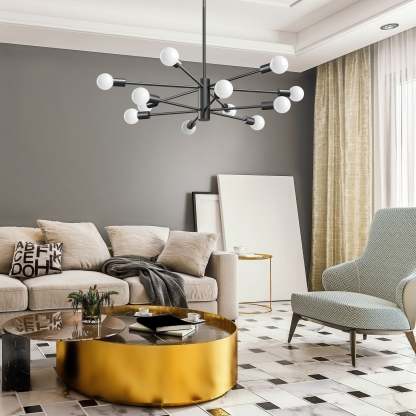 EDISHINE 12-Light Dimmable Sputnik Modern Linear Chandelier,Matte Black-HHPL17A