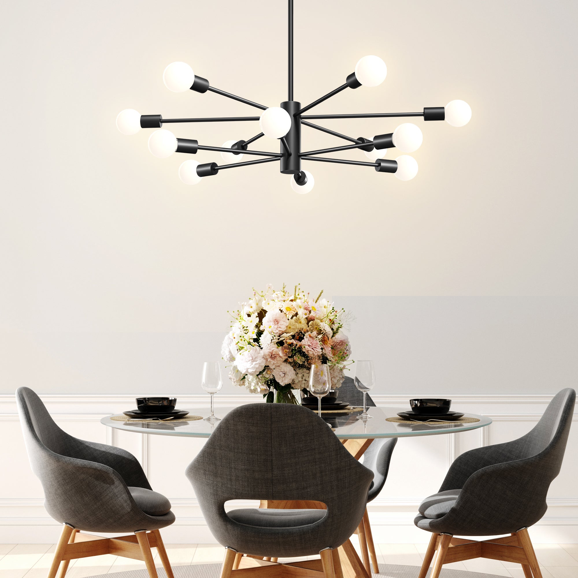 EDISHINE 12-Light Dimmable Sputnik Modern Linear Chandelier,Matte Black-HHPL17A