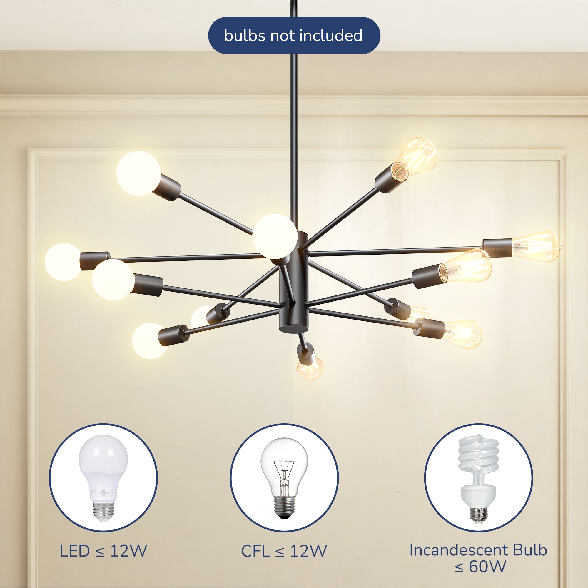 EDISHINE 12-Light Dimmable Sputnik Modern Linear Chandelier,Matte Black-HHPL17A
