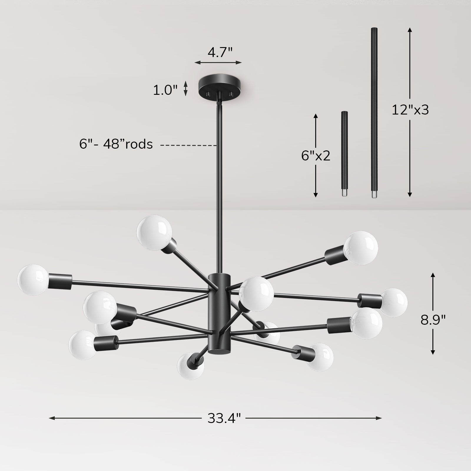 EDISHINE 12-Light Dimmable Sputnik Modern Linear Chandelier,Matte Black-HHPL17A