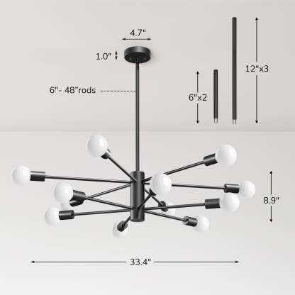 EDISHINE 12-Light Dimmable Sputnik Modern Linear Chandelier,Matte Black-HHPL17A