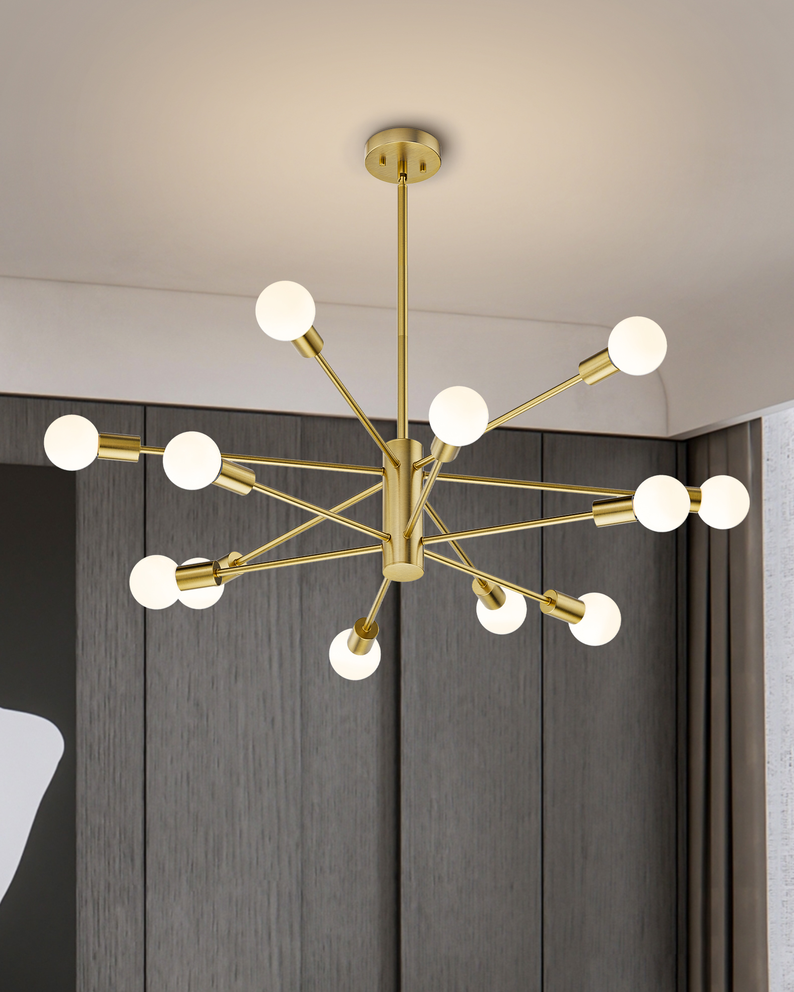 EDISHINE 12-Light Dimmable Sputnik Modern Linear Chandelier,Antique Brass-HHPL17B