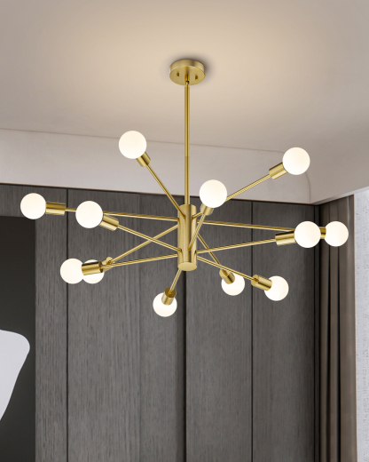 EDISHINE 12-Light Dimmable Sputnik Modern Linear Chandelier,Antique Brass-HHPL17B