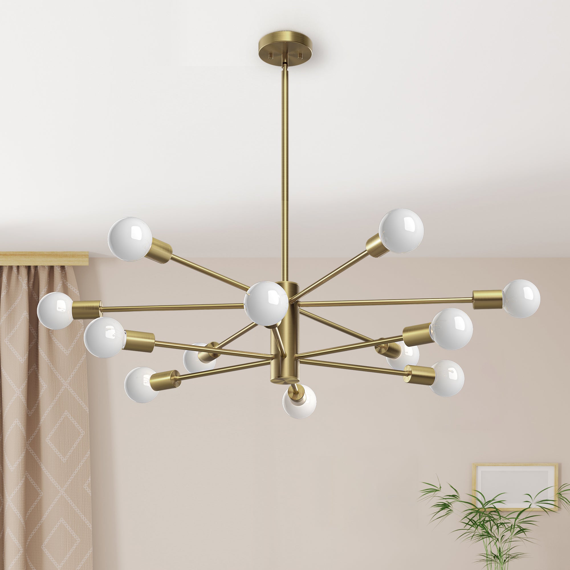 EDISHINE 12-Light Dimmable Sputnik Modern Linear Chandelier,Antique Brass-HHPL17B
