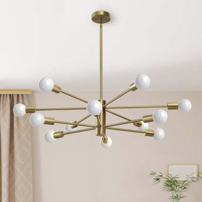EDISHINE 12-Light Dimmable Sputnik Modern Linear Chandelier,Antique Brass-HHPL17B