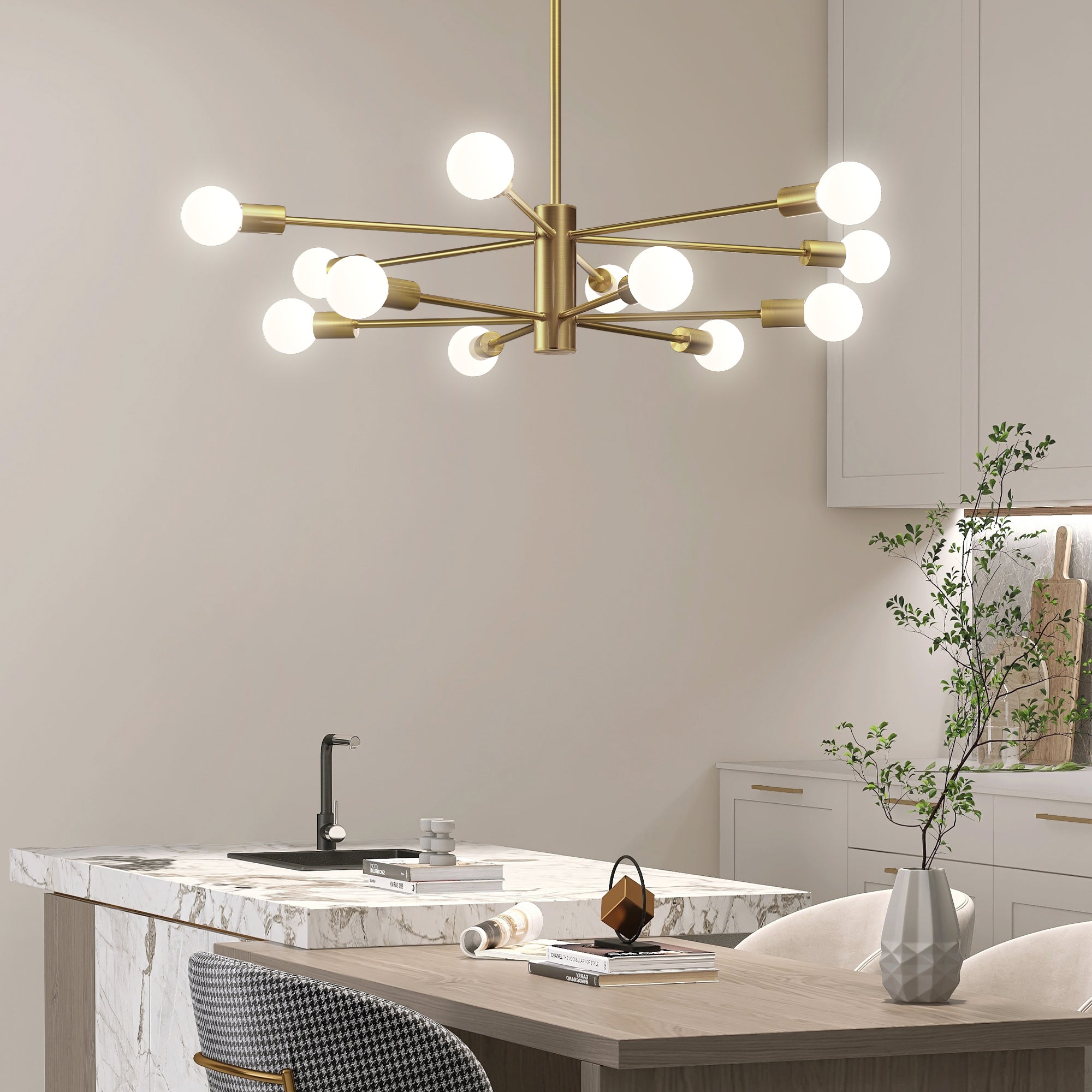 EDISHINE 12-Light Dimmable Sputnik Modern Linear Chandelier,Antique Brass-HHPL17B
