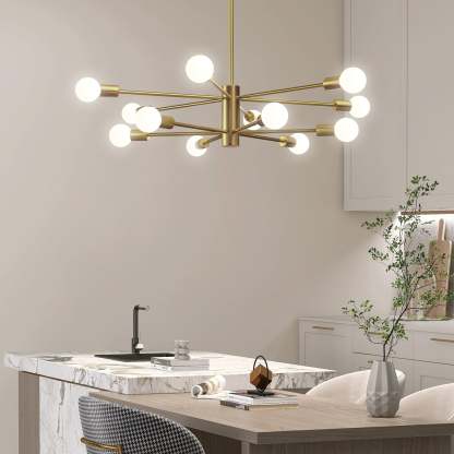 EDISHINE 12-Light Dimmable Sputnik Modern Linear Chandelier,Antique Brass-HHPL17B