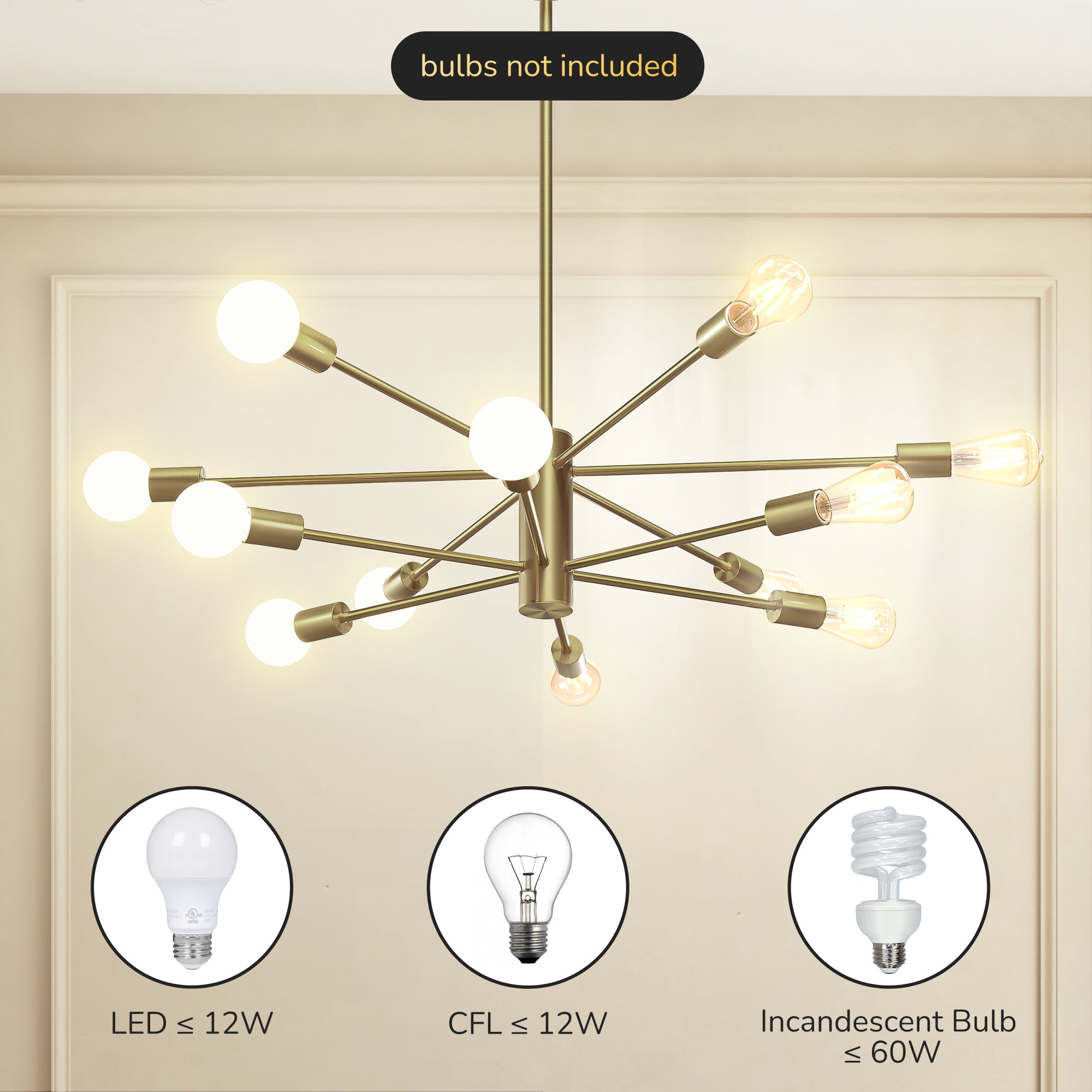 EDISHINE 12-Light Dimmable Sputnik Modern Linear Chandelier,Antique Brass-HHPL17B