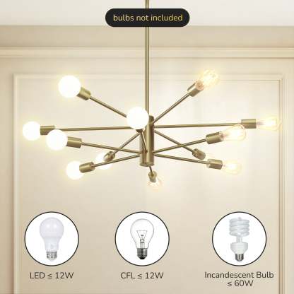 EDISHINE 12-Light Dimmable Sputnik Modern Linear Chandelier,Antique Brass-HHPL17B