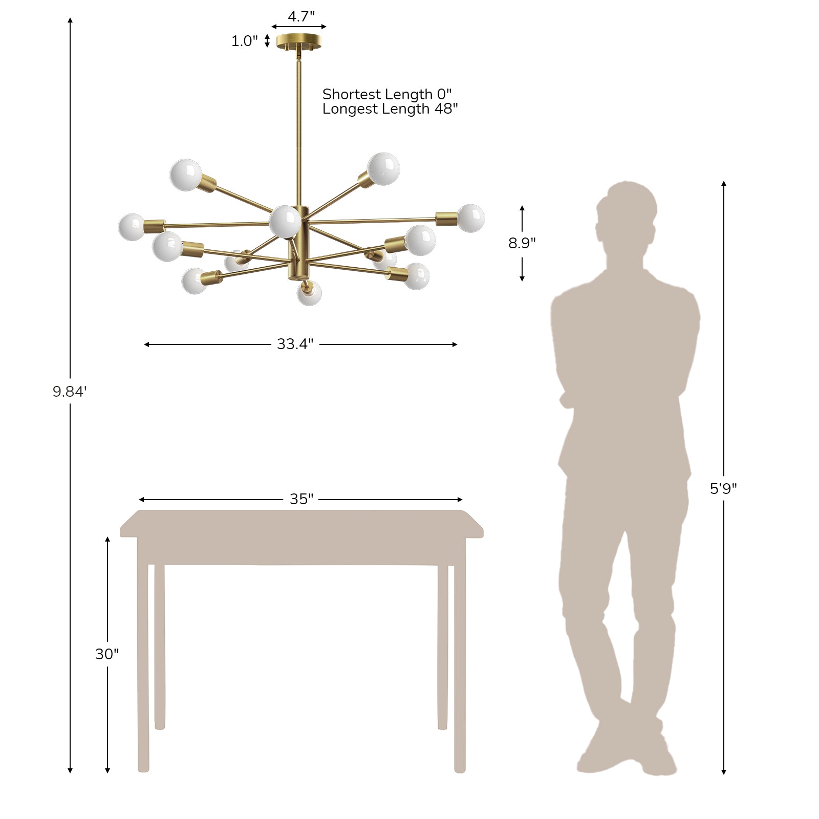 EDISHINE 12-Light Dimmable Sputnik Modern Linear Chandelier,Antique Brass-HHPL17B