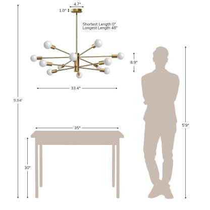 EDISHINE 12-Light Dimmable Sputnik Modern Linear Chandelier,Antique Brass-HHPL17B