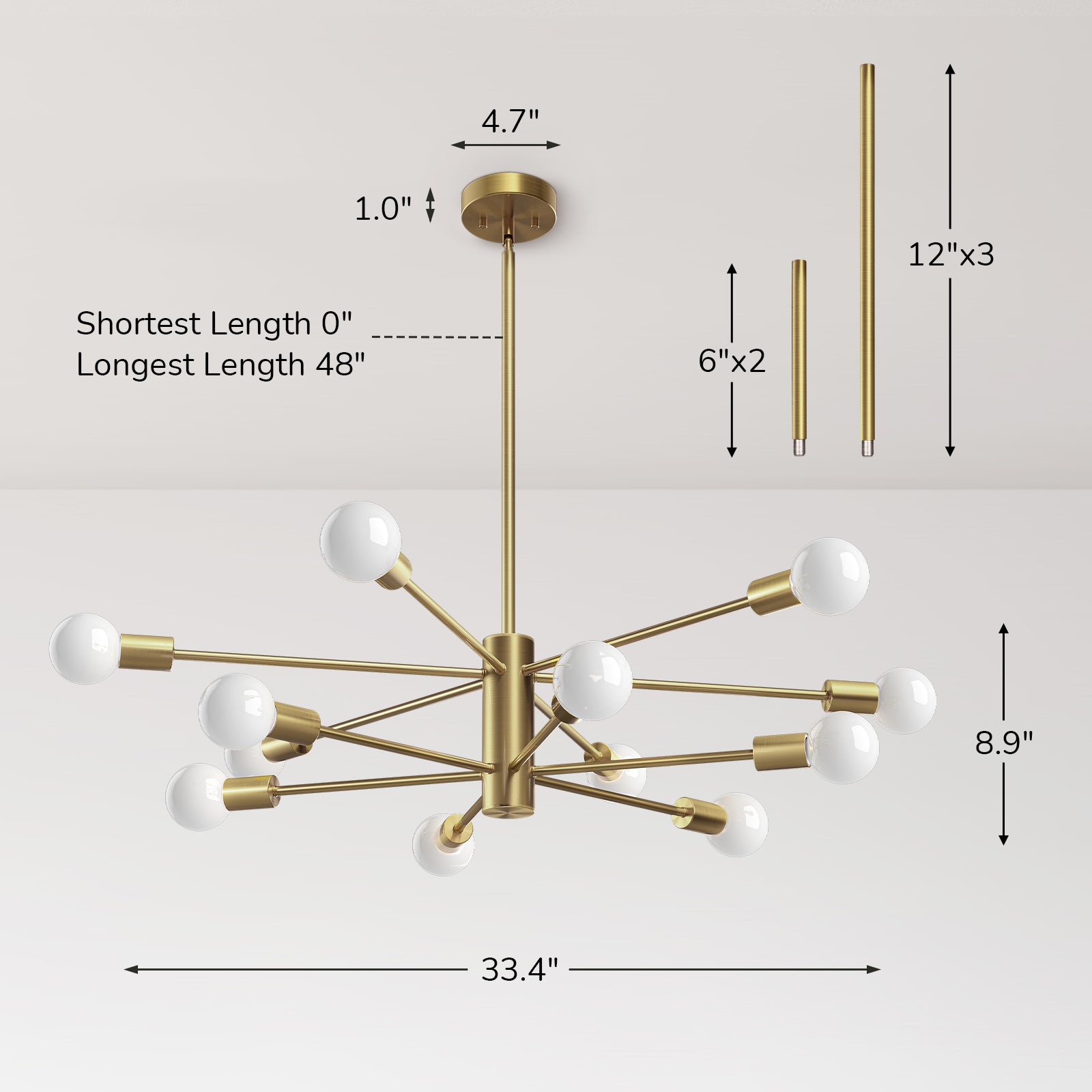 EDISHINE 12-Light Dimmable Sputnik Modern Linear Chandelier,Antique Brass-HHPL17B