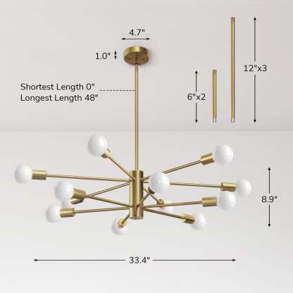 EDISHINE 12-Light Dimmable Sputnik Modern Linear Chandelier,Antique Brass-HHPL17B