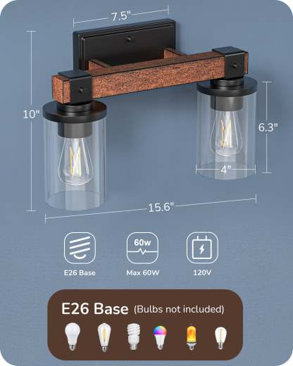 EDISHINE 2-Light Farmhouse Vanity Lights for Bathroom-HHVL02F-B2B