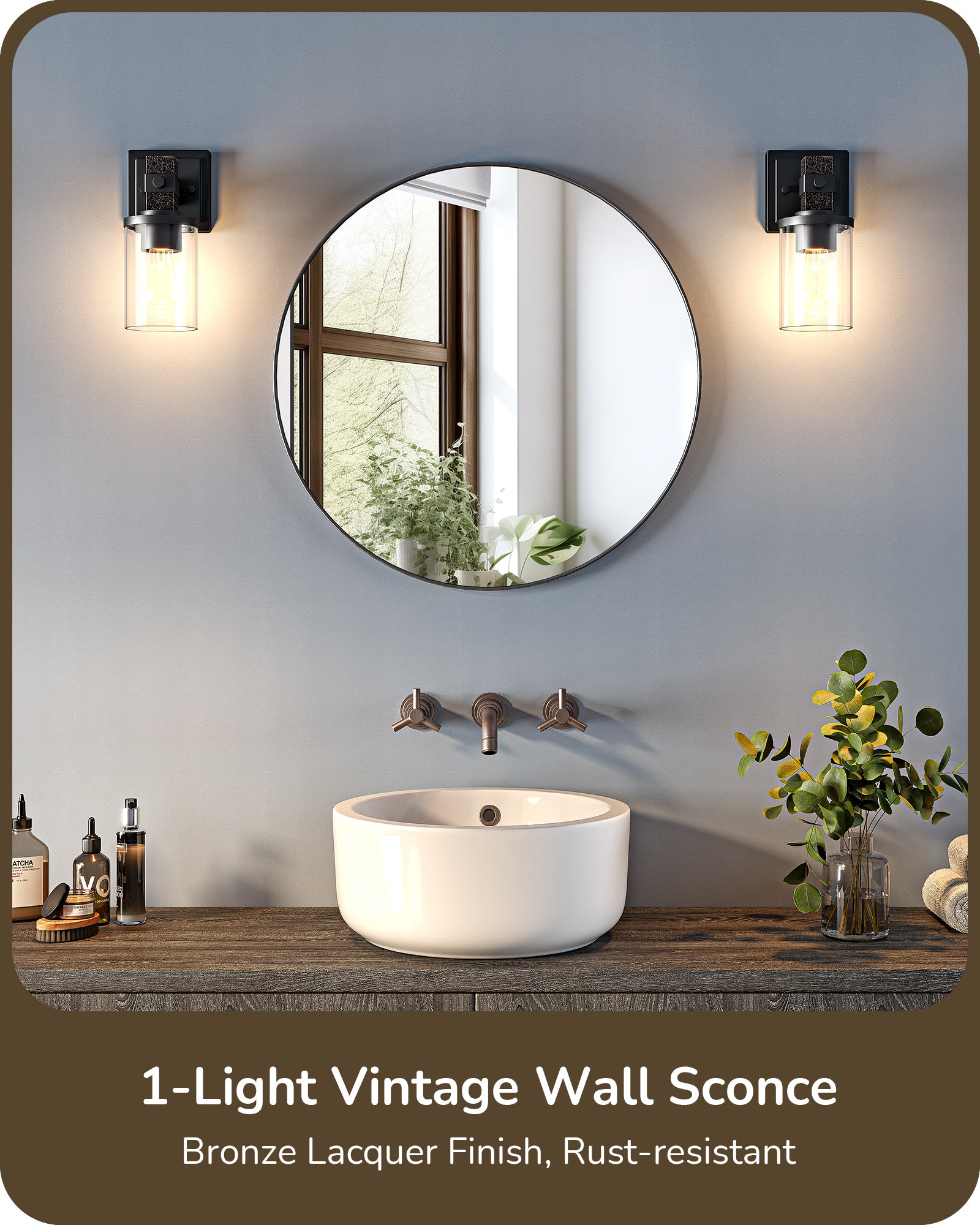 EDISHINE Set of 2 Wall Sconces, 1-Light Wall Mount Lamp,Bronze Finish-HHVL02M