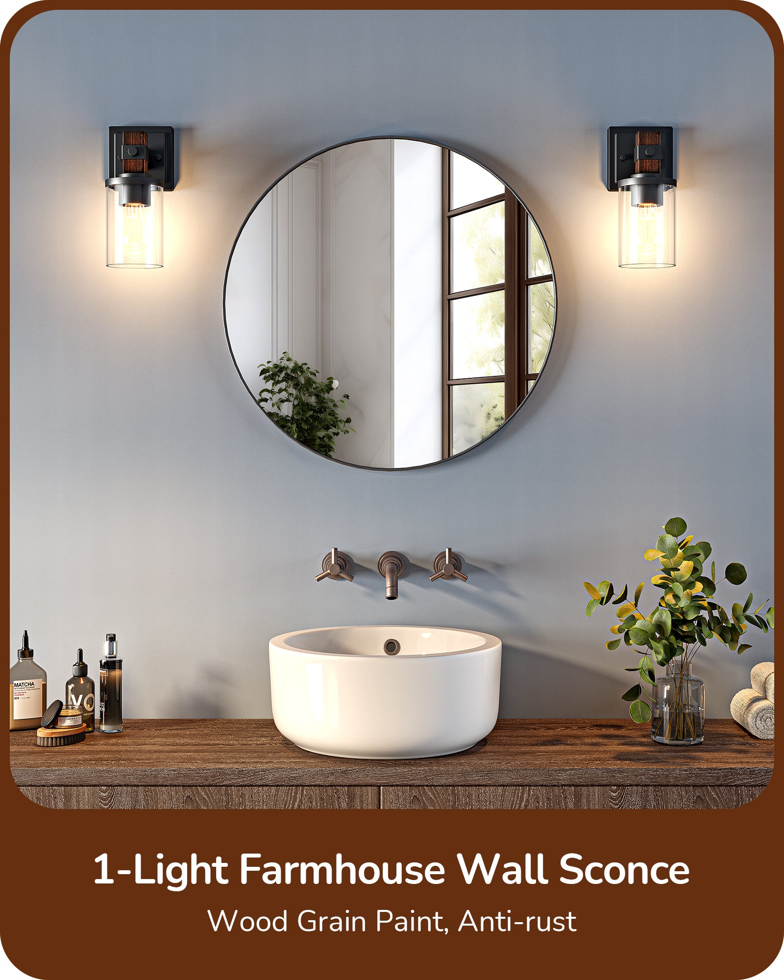 EDISHINE Set of 2 Wall Sconces, 1-Light Wall Mount Lamp,Dark Brown Wood Grain Paint-HHVL02N