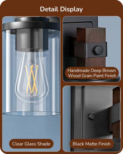 EDISHINE Set of 2 Wall Sconces, 1-Light Wall Mount Lamp,Dark Brown Wood Grain Paint-HHVL02N