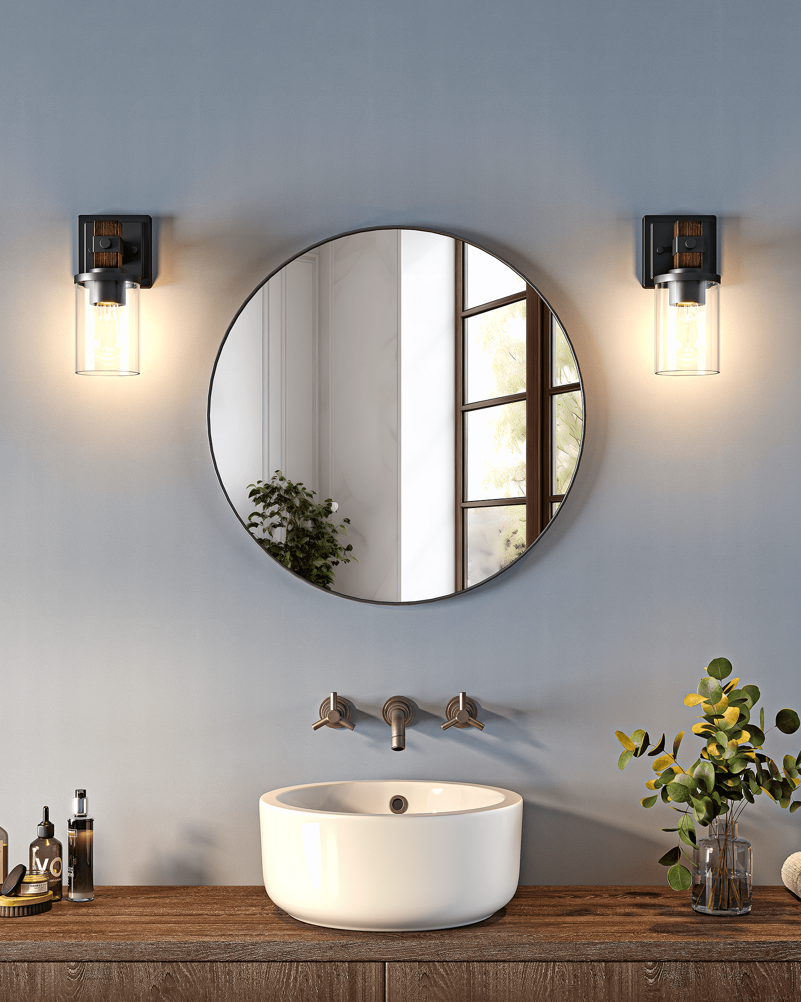 EDISHINE Set of 2 Wall Sconces, 1-Light Wall Mount Lamp,Dark Brown Wood Grain Paint-HHVL02N