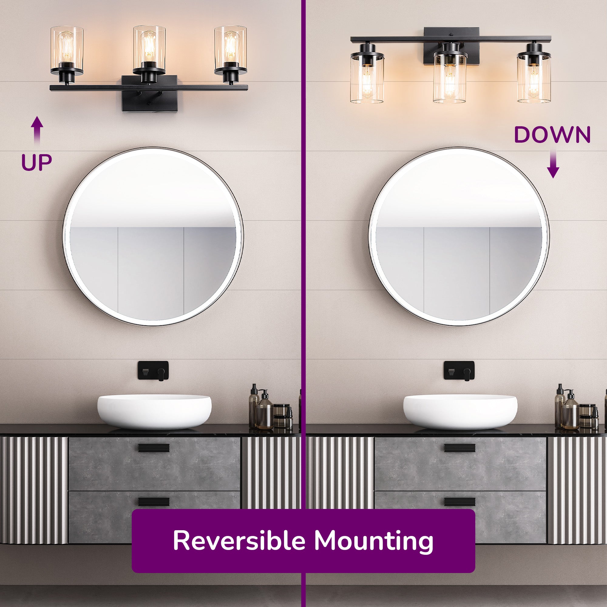 EDISHINE 3-Light Dimmable Vanity Light, Matte Black-HHVL04F