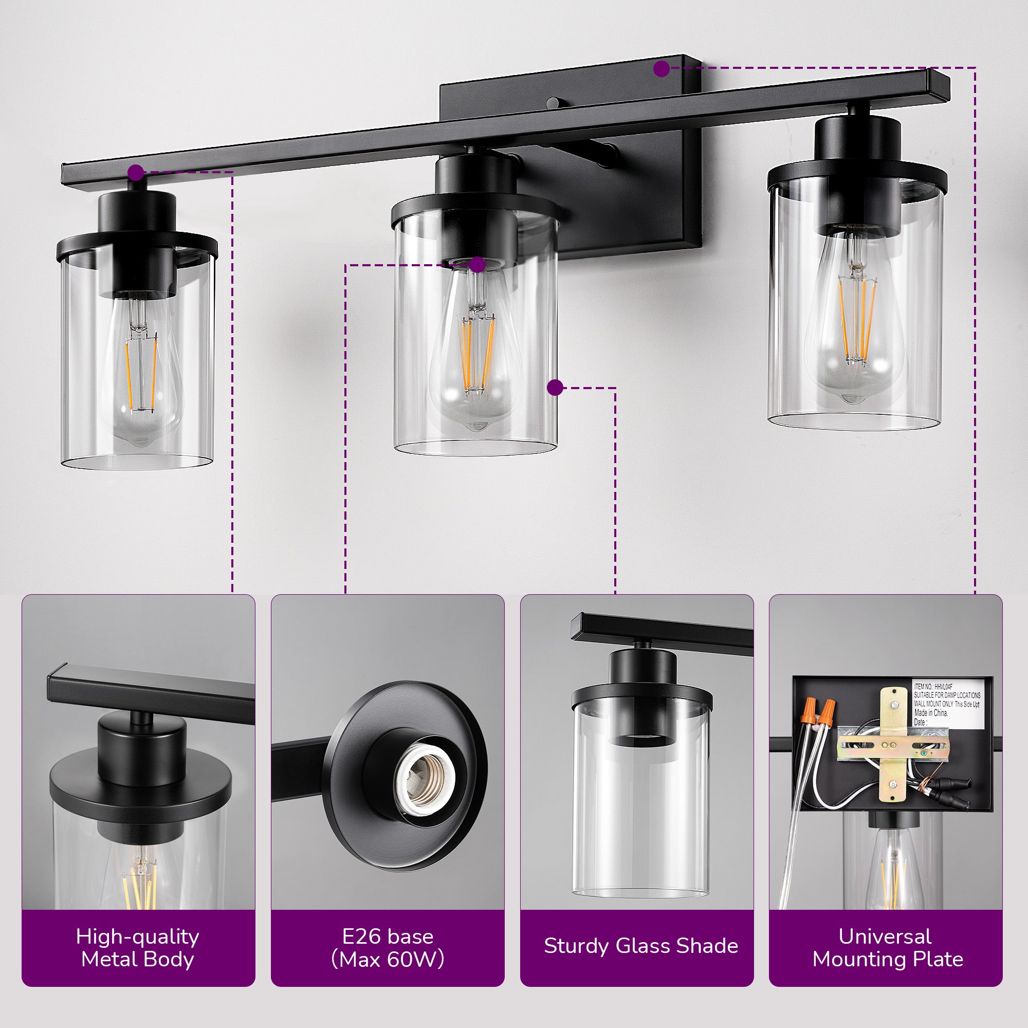 EDISHINE 3-Light Dimmable Vanity Light, Matte Black-HHVL04F