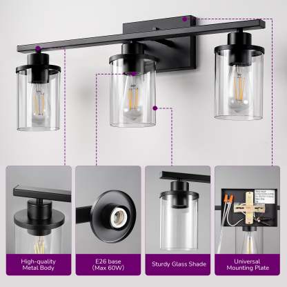 EDISHINE 3-Light Dimmable Vanity Light, Matte Black-HHVL04F