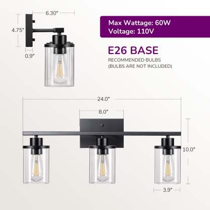 EDISHINE 3-Light Dimmable Vanity Light, Matte Black-HHVL04F