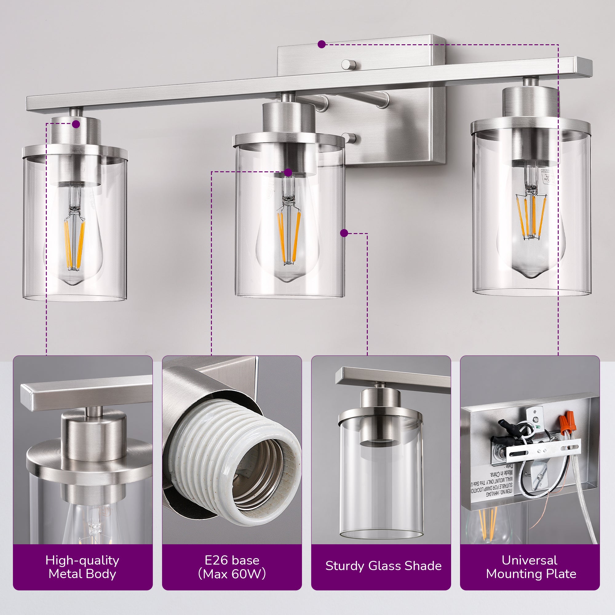 EDISHINE 3-Light Dimmable Vanity Light, Brushed Nickel-HHVL04G