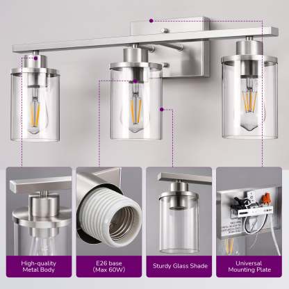 EDISHINE 3-Light Dimmable Vanity Light, Brushed Nickel-HHVL04G