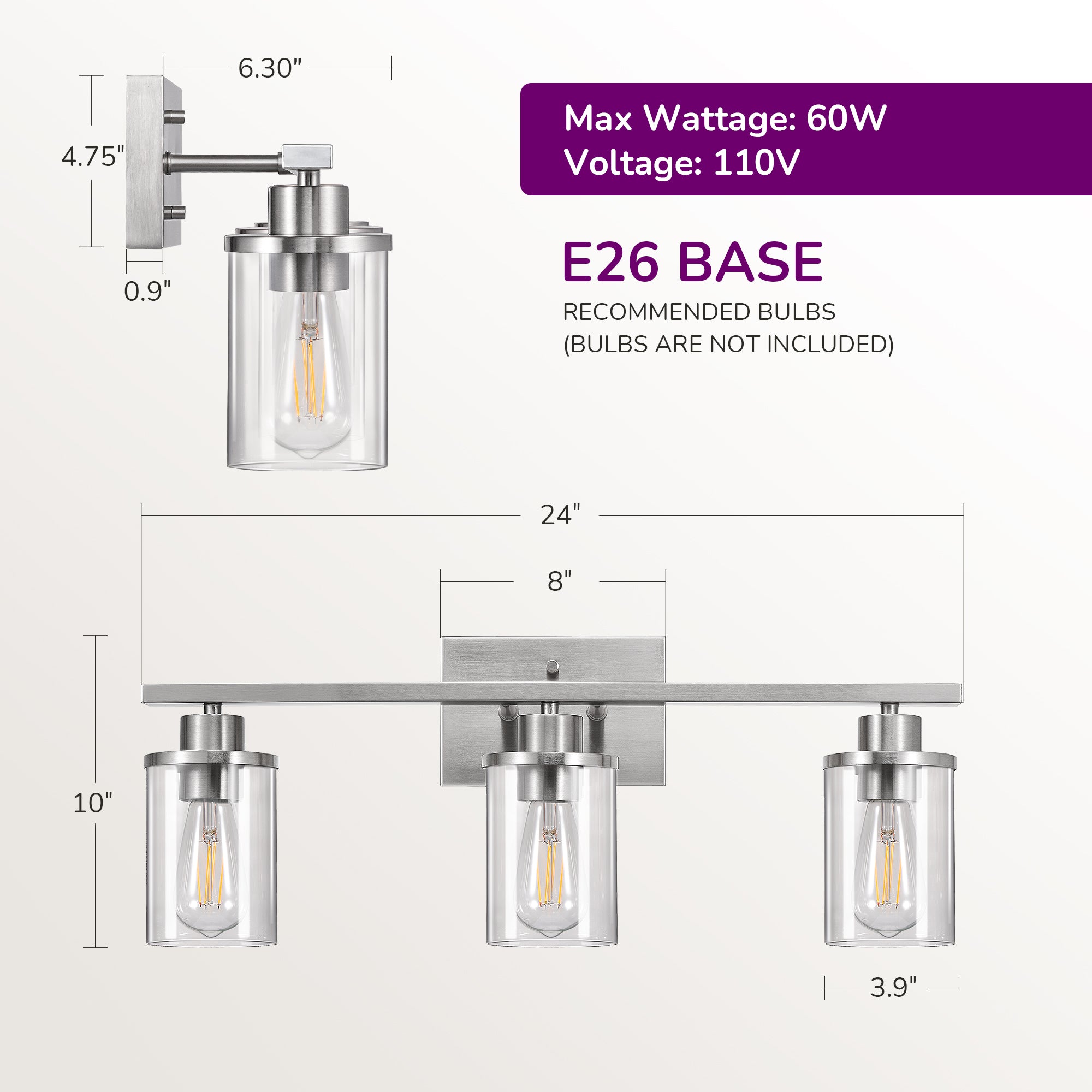 EDISHINE 3-Light Dimmable Vanity Light, Brushed Nickel-HHVL04G