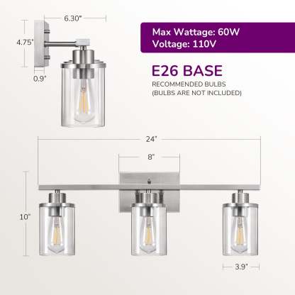 EDISHINE 3-Light Dimmable Vanity Light, Brushed Nickel-HHVL04G