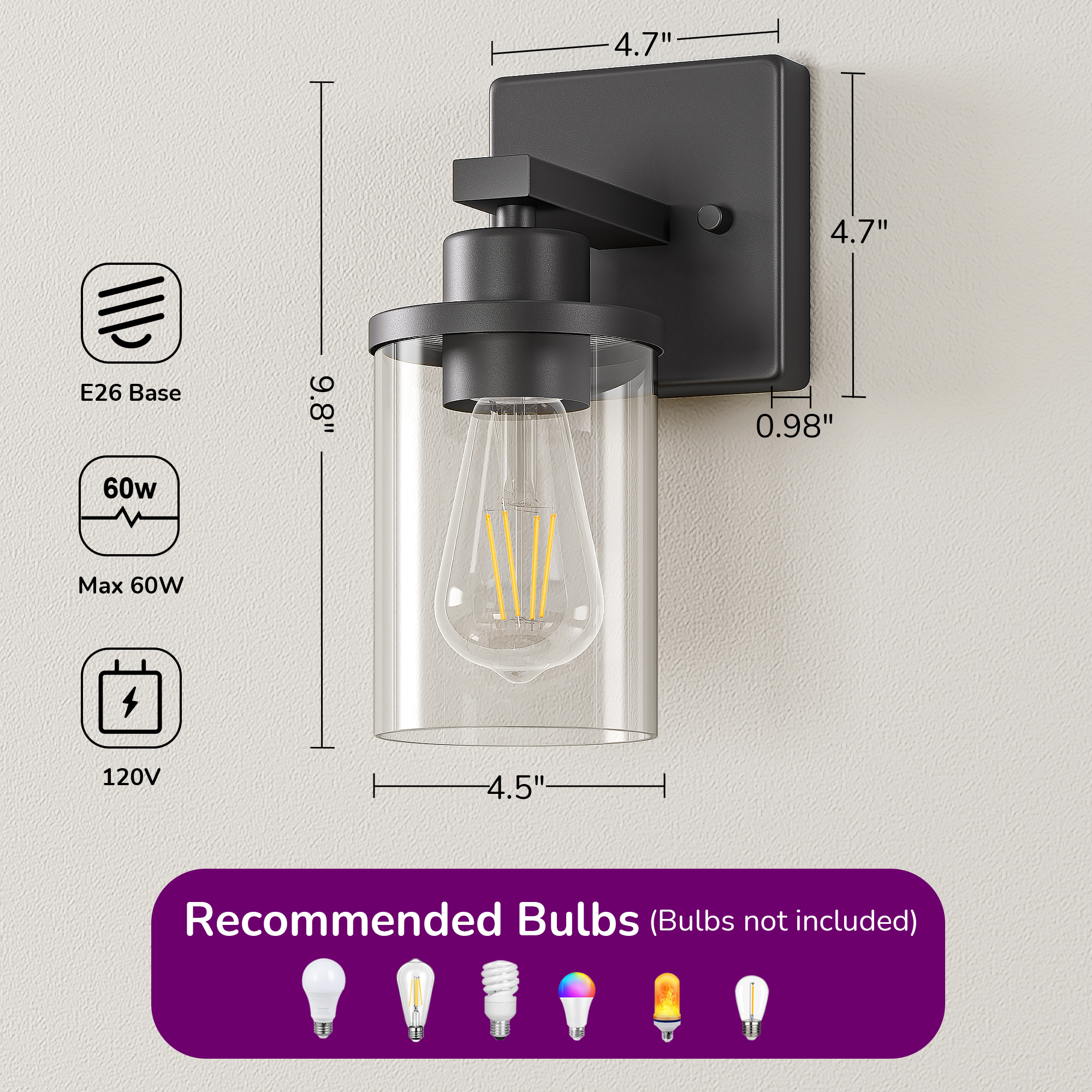 EDISHINE Dimmable Bath Sconce With Glass Shade (Set of 2)-HHVL04K