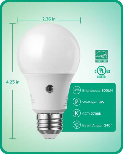 EDISHINE Dusk to Dawn Light Bulbs, 2700K Warm White Glow, 9W(60W Equivalent), E26 Base (4 Pack)-HLBA19J-B2B