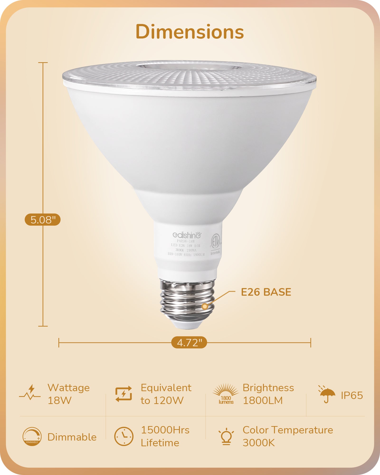 EDISHINE 3000K Warm Light 1800LM LED PAR38 Dimmable Flood Light Outdoor Bulb 4 Pack, 18W (120W Equivalent)-HLBP38H