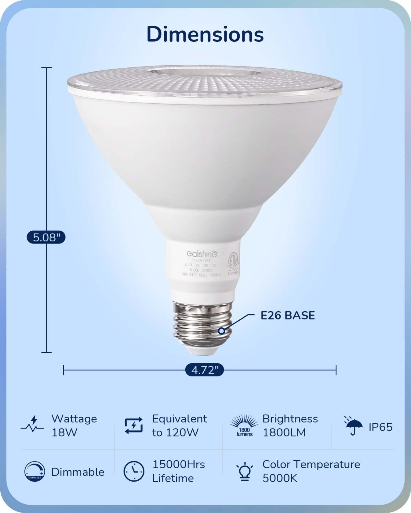 EDISHINE LED PAR38 Flood Light Outdoor Bulb 2 Pack, 18W (120W