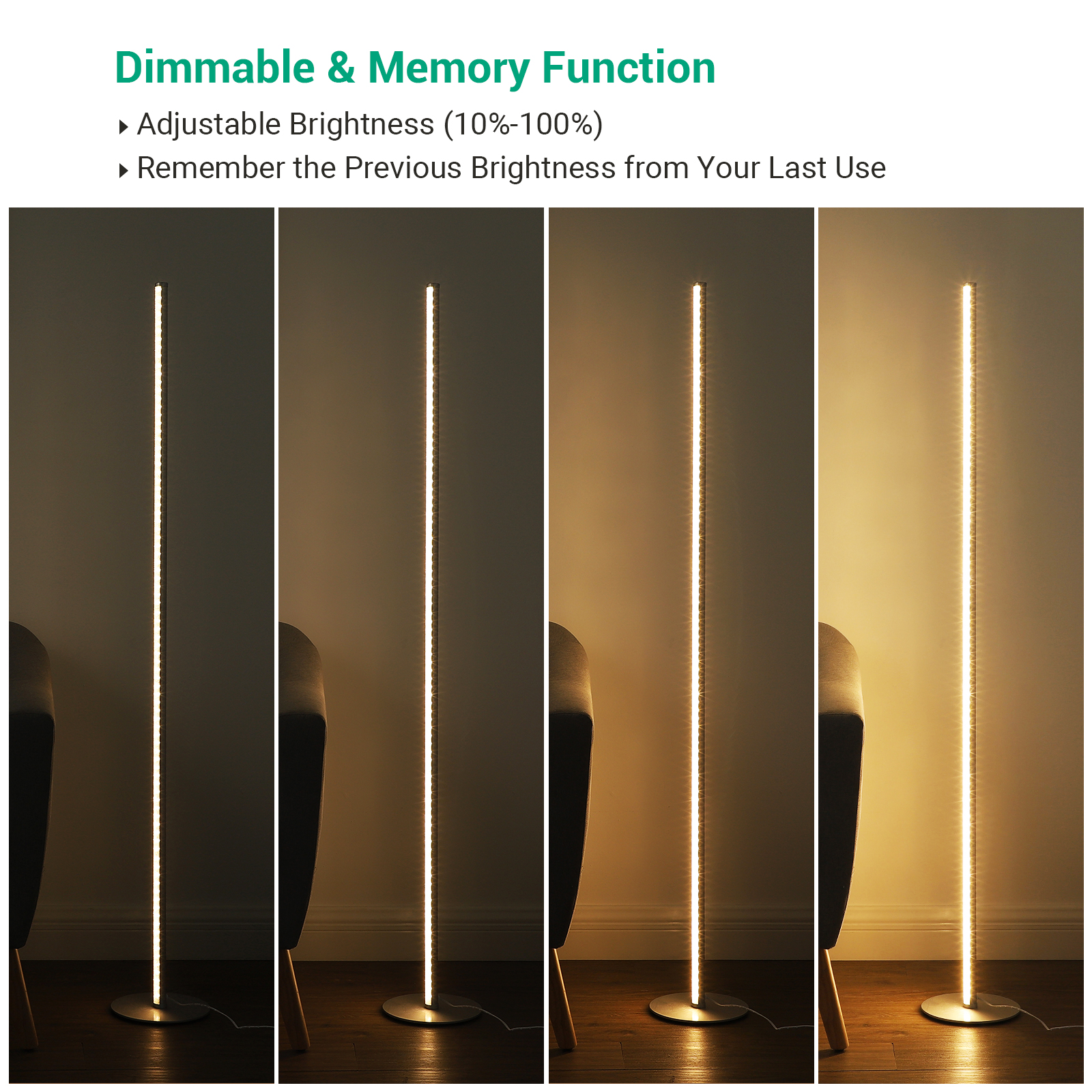 EDISHINE 57.5" Minimalist RGBW LED Corner Dimmable Floor Lamp with Remote, Gold-HLFL02R
