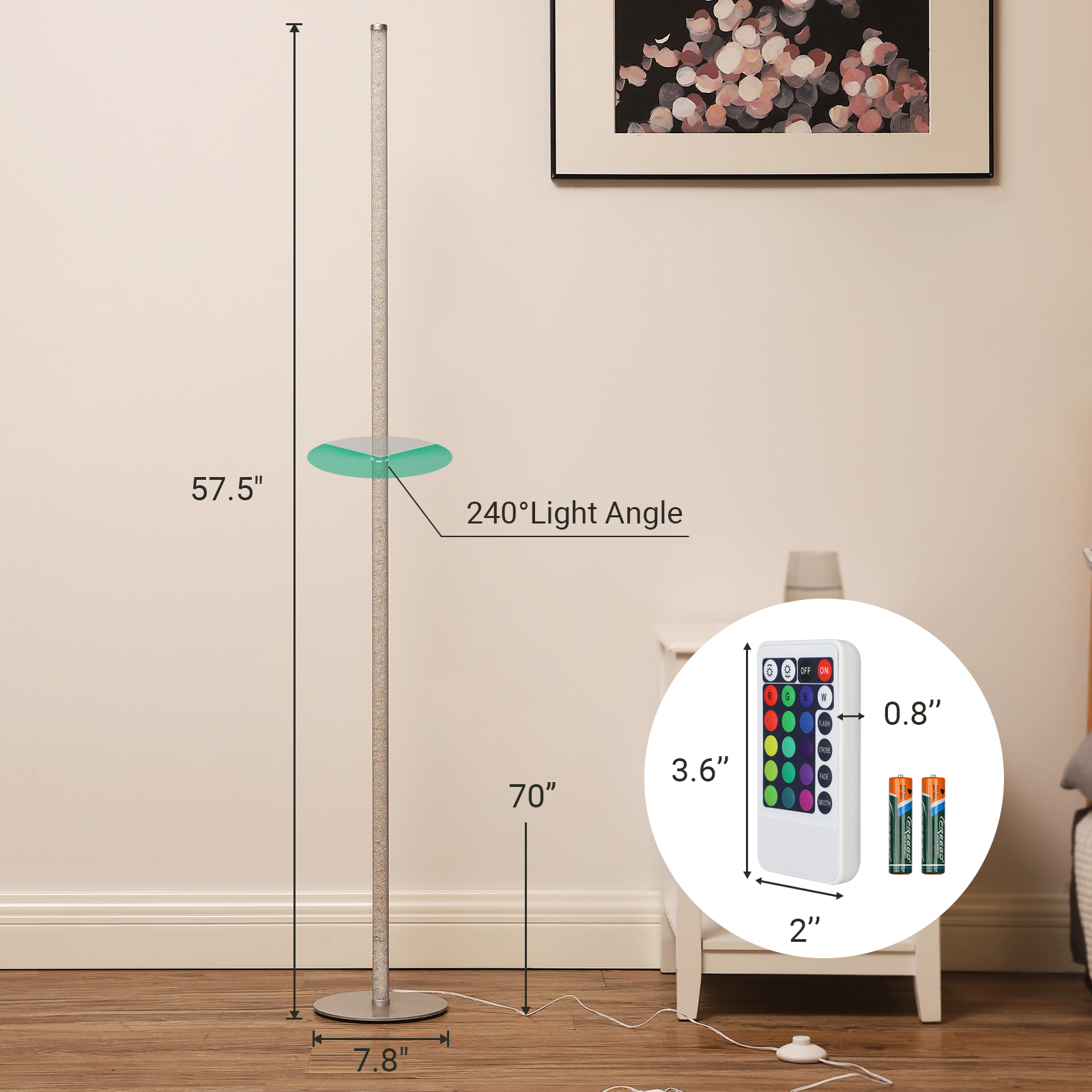 EDISHINE 57.5" Minimalist RGBW LED Corner Dimmable Floor Lamp with Remote, Gold-HLFL02R