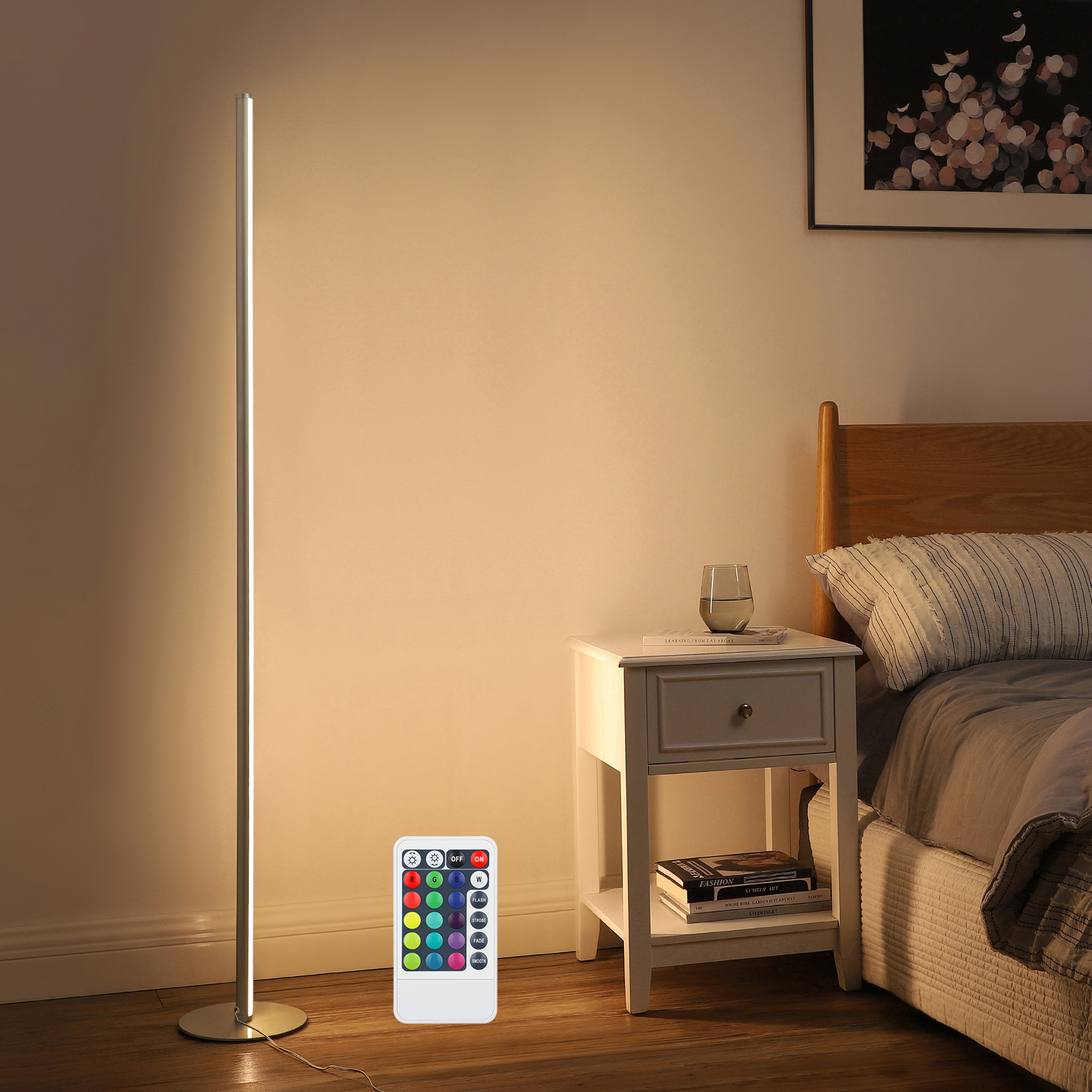 EDISHINE 57.5" Minimalist RGBW LED Corner Dimmable Floor Lamp with Remote, Gold-HLFL02R